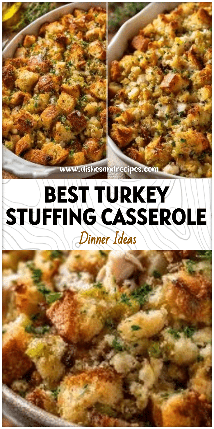 Baked Turkey Stuffing Casserole with golden breadcrumbs and tender leftover turkey in a rustic dish